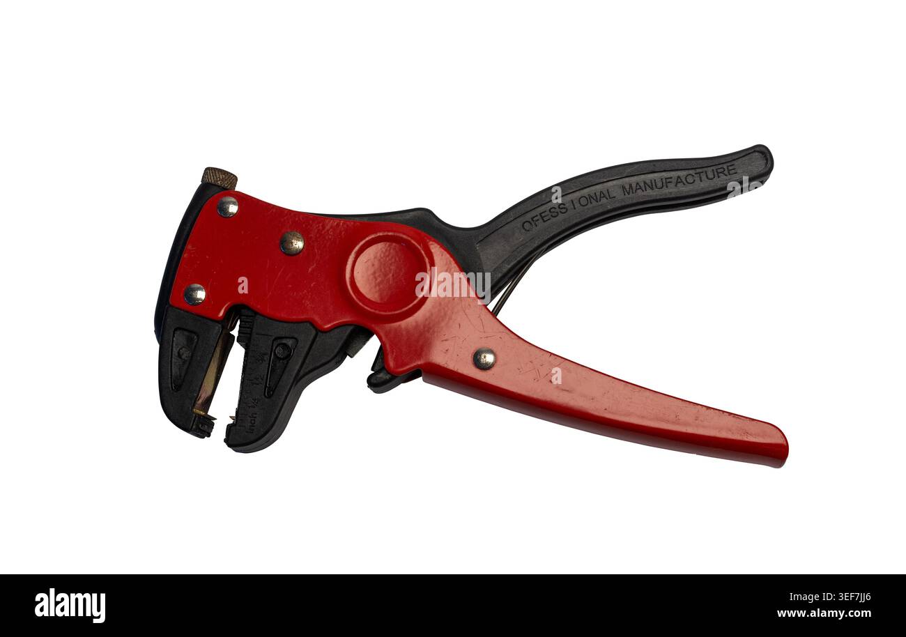 Automatic Red and Black Wire Stripper Tool Isolated on Transparent Background Stock Photo