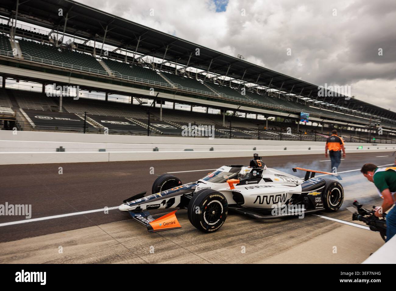 Indianapolis, United States. 13th May, 2026. Arrow McLaren driver Pato O'Ward (5) drives from pit row during day two of practice for the Indy 500 at the Indianapolis Motor Speedway. The practice for the race is part of the schedule leading into the Indianapolis 500. Credit: SOPA Images Limited/Alamy Live News Stock Photo