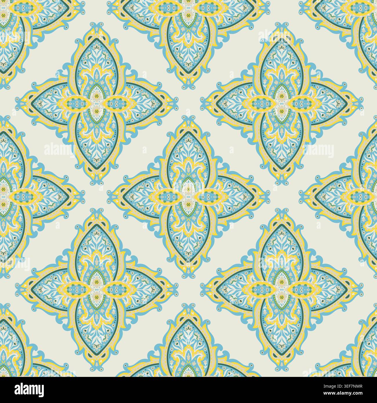 Vintage Blue Yellow Paisley Medallion Pattern Stock Vector