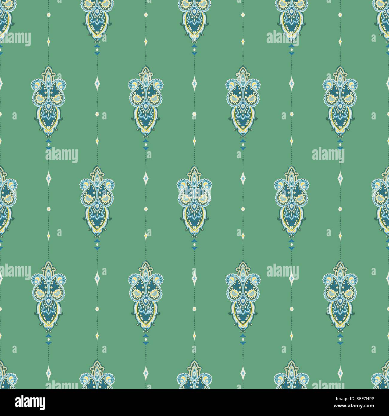 Vintage Green Vertical Paisley Stripe Pattern Stock Vector