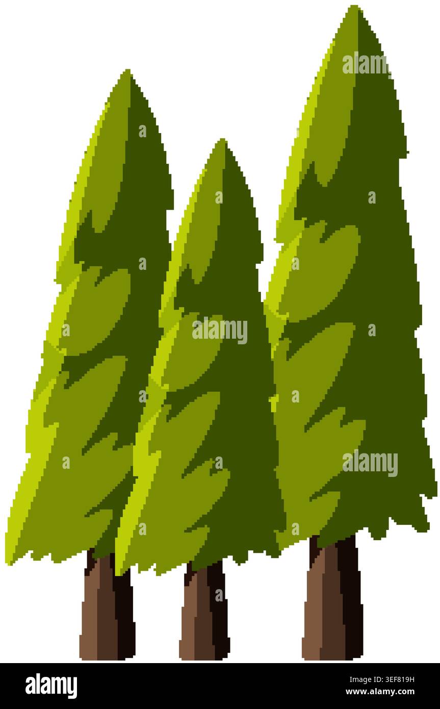 A flat vector illustration of three stylized evergreen pine trees with simple green foliage Stock Vector
