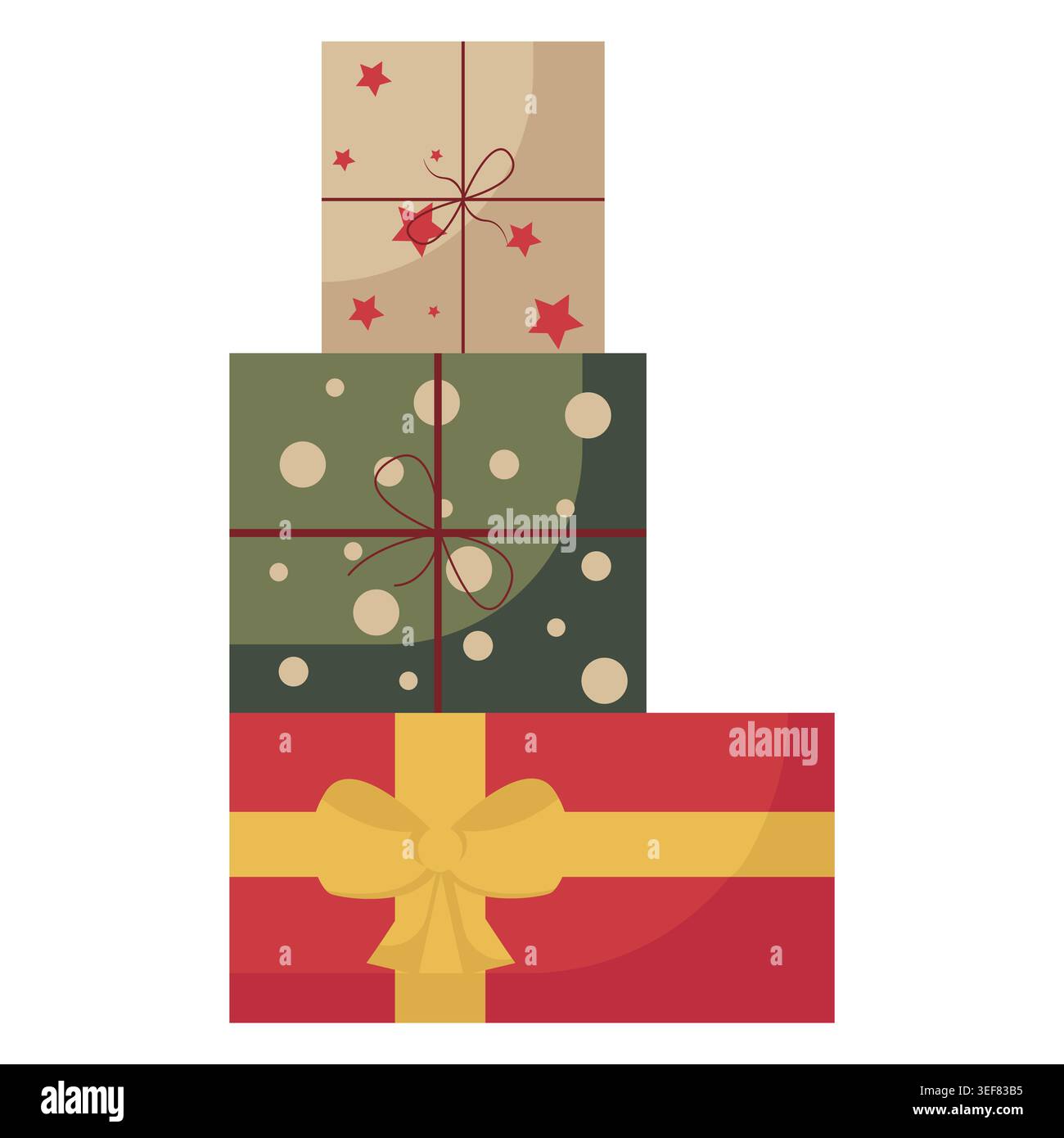 Stack of three Christmas gift boxes wrapped in kraft paper, green and red with ribbons and bows, isolated on white background, flat design illustratio Stock Photo