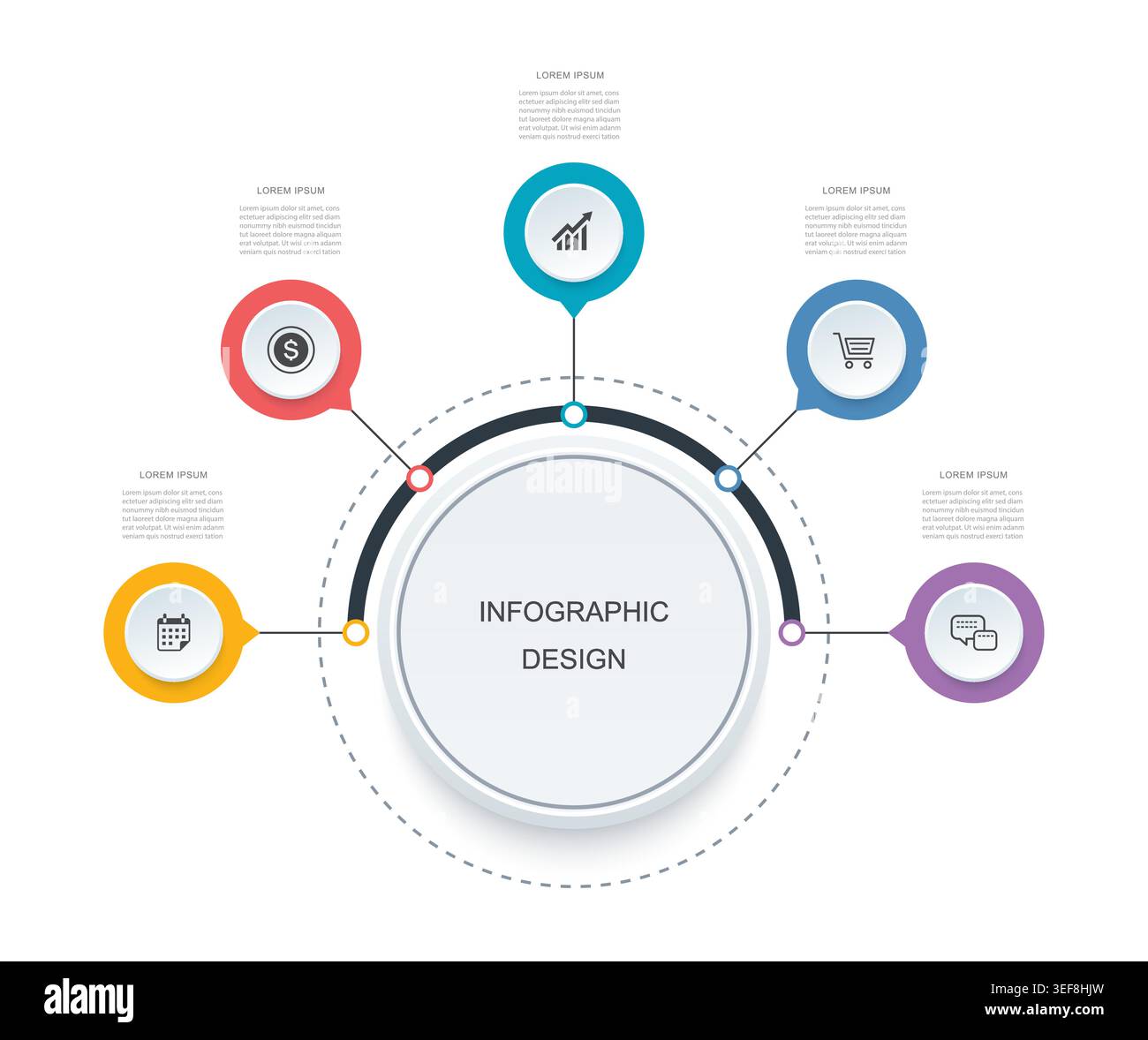 Business circular infographic with five options process diagram template. Stock Vector