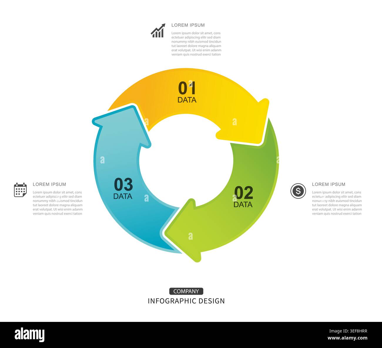 Business circular arrow infographic with three steps data cycle. Stock Vector