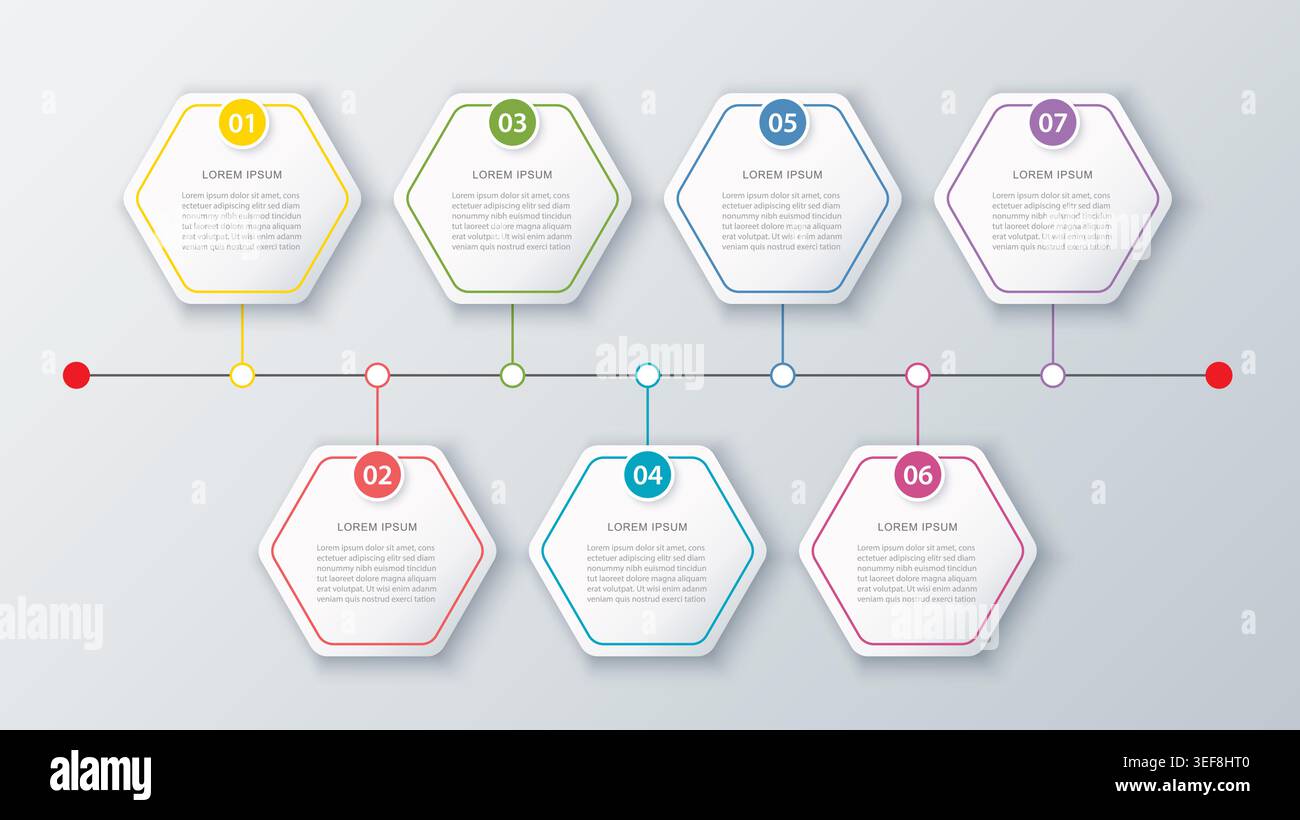 Business infographic horizontal timeline with seven steps options process. Stock Vector