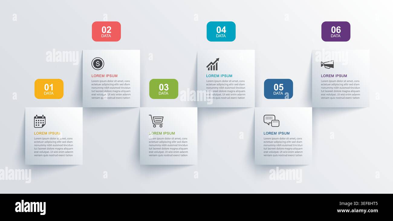 Business infographic timeline with six square options presentation template. Stock Vector