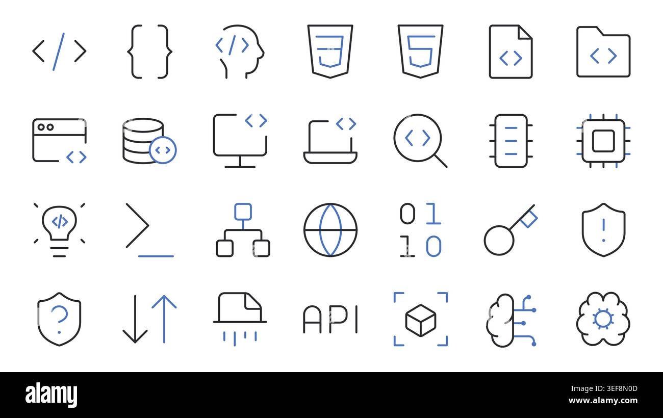 Programming and coding Line Icons Set Editable Stroke Vector Illustration. Stock Vector