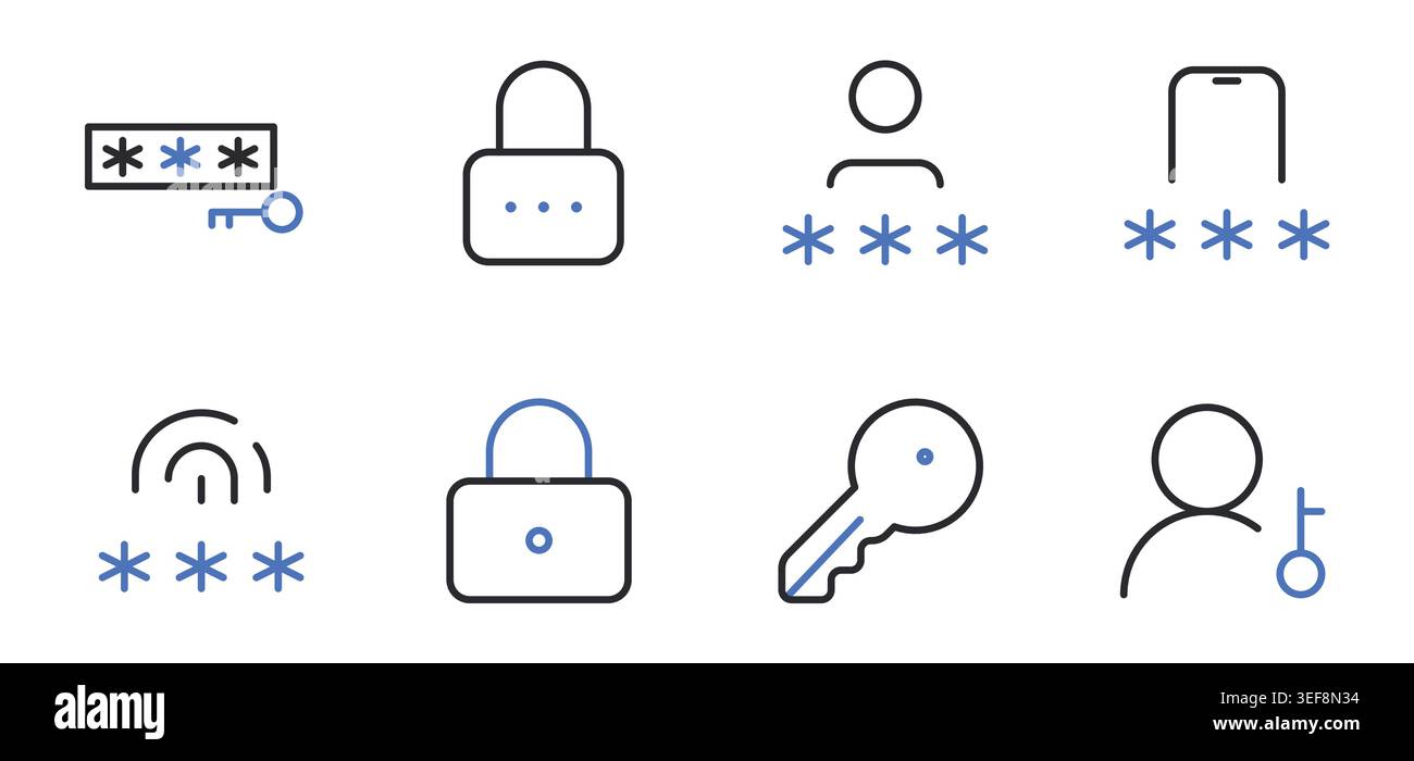 Security Password Authentication Editable Line Icons Set Vector Illustration. Stock Vector
