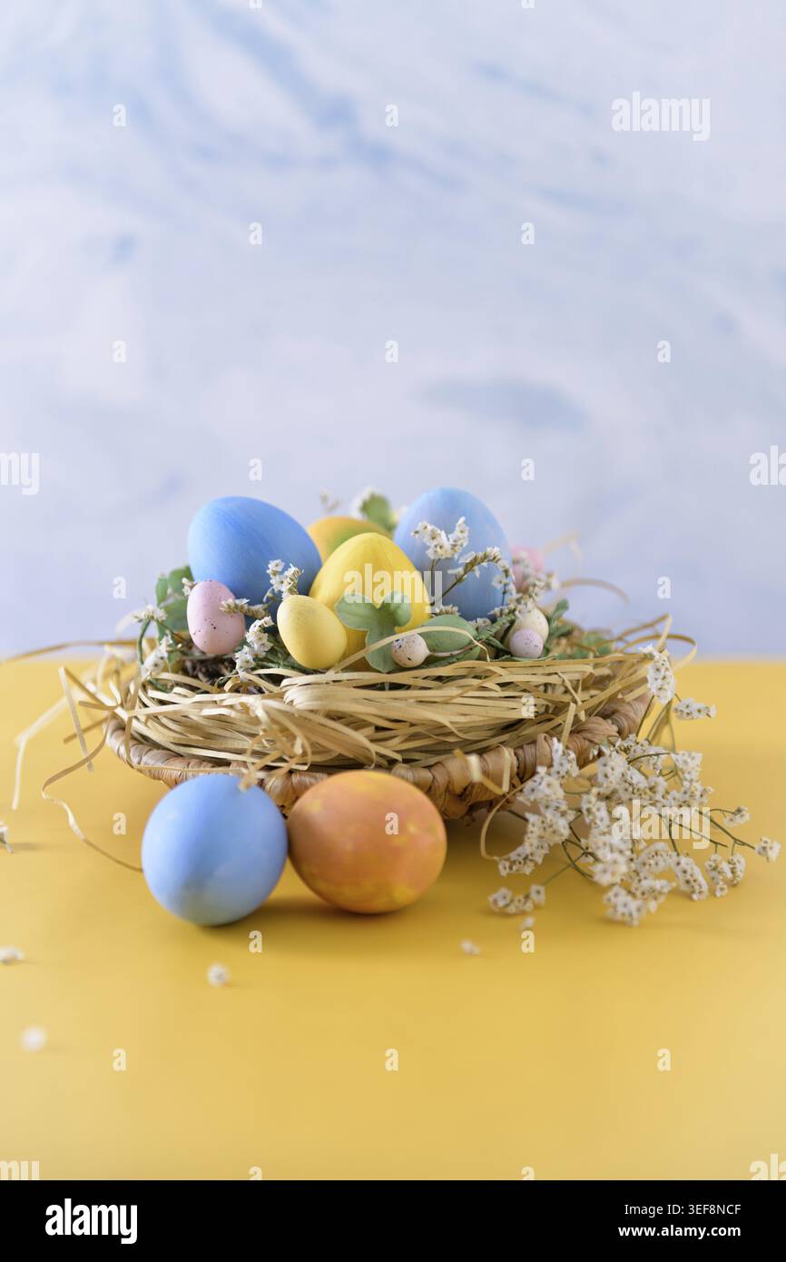 Easter eggs in nest on blue background and yellow table Stock Photo