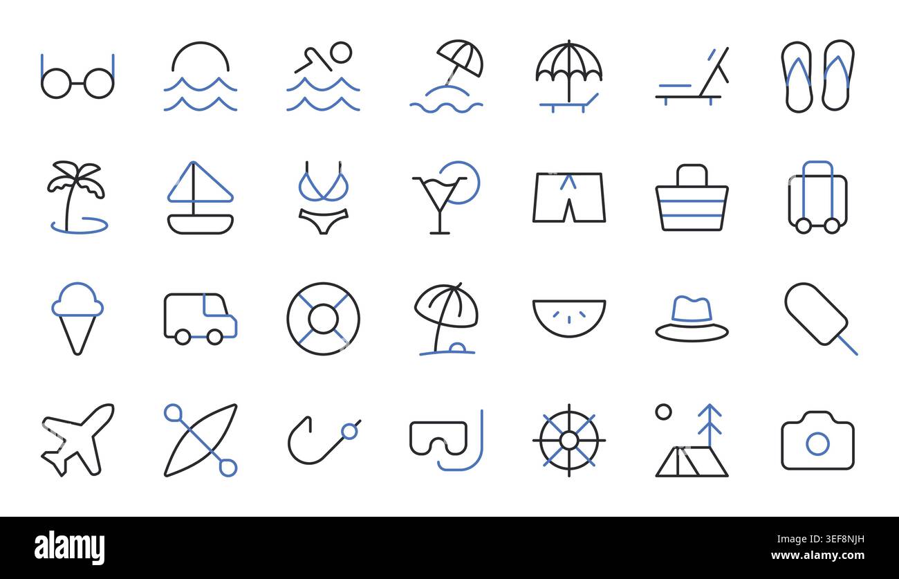 Summer Vacation Line Icons Set Editable Stroke Vector Illustration. Stock Vector