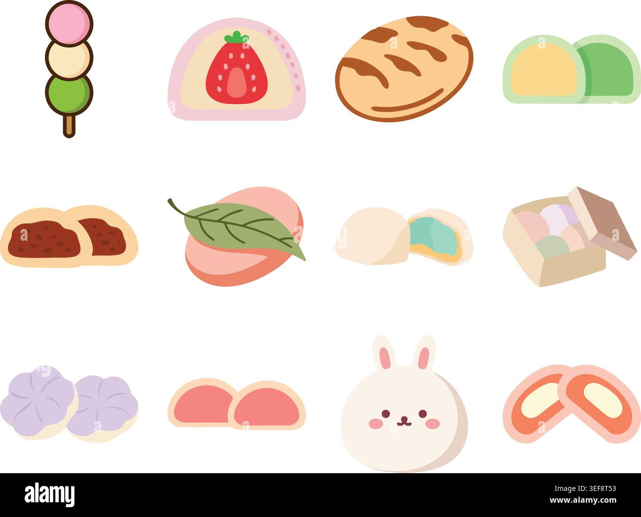A soft pastel flat illustration set featuring assorted Japanese-inspired sweets and desserts Stock Vector