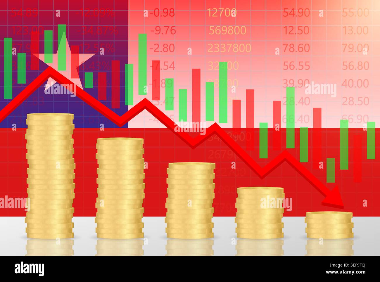 Chile Economy. Flag of Chile with Falling Financial Graph. Economic Crisis and Global Recession Concept. Vector Illustration. Stock Vector