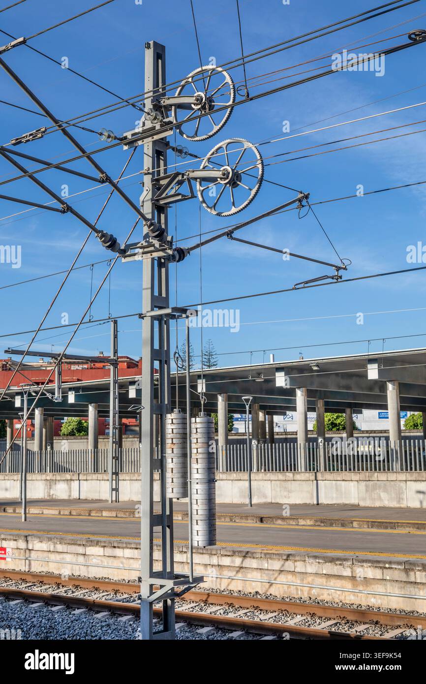 Tension weights for overhead electic railway cables. Stock Photo