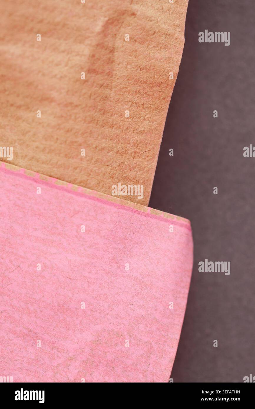 Minimal layered paper composition featuring warm brown and soft pink handmade paper textures. Modern abstract background ideal for branding and contem Stock Photo
