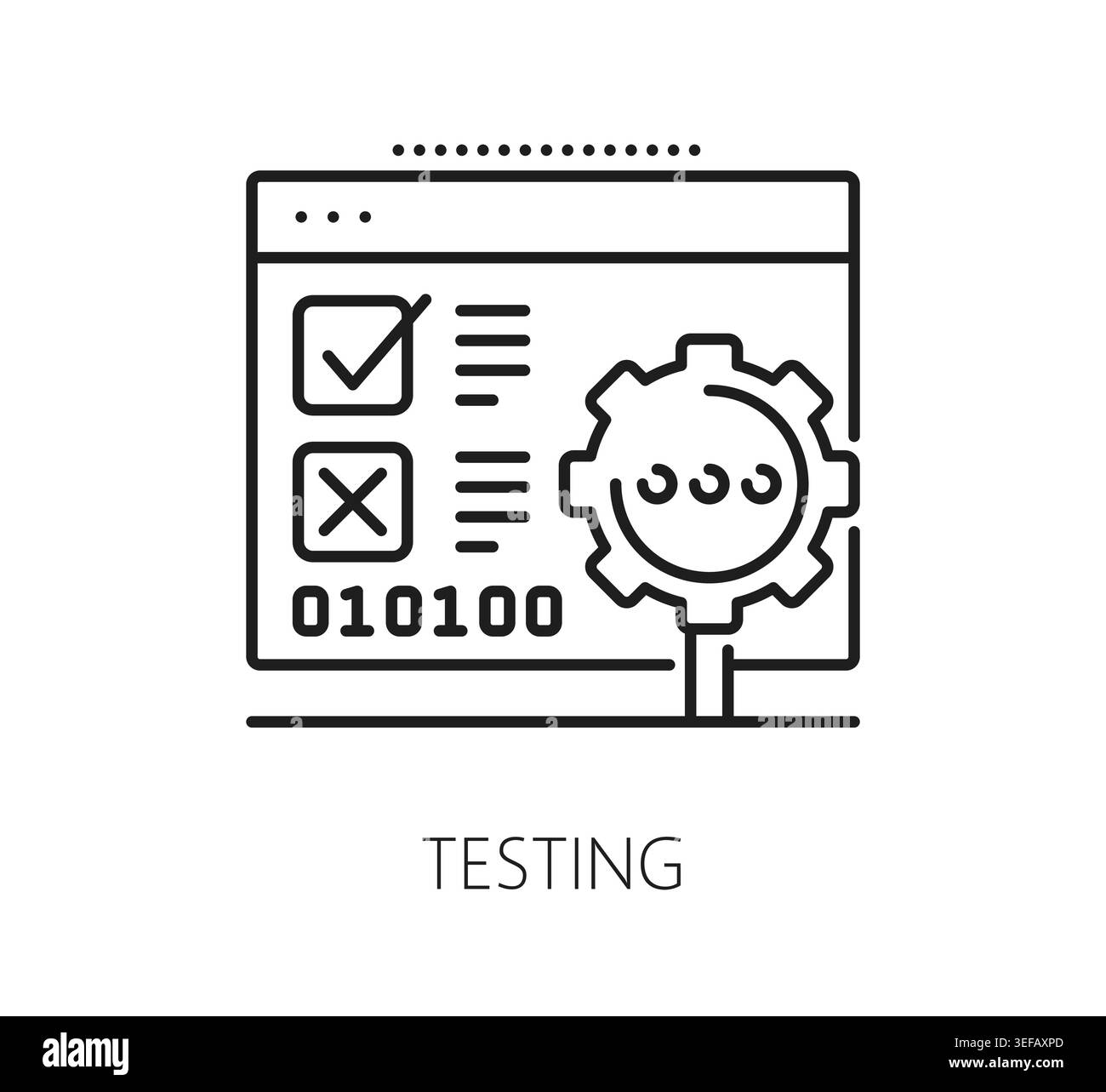 Software testing, program code vector icon. Computer science development lineart icon, application programing symbol. Software code testing sign with gear wheel, binary code and program window Stock Vector