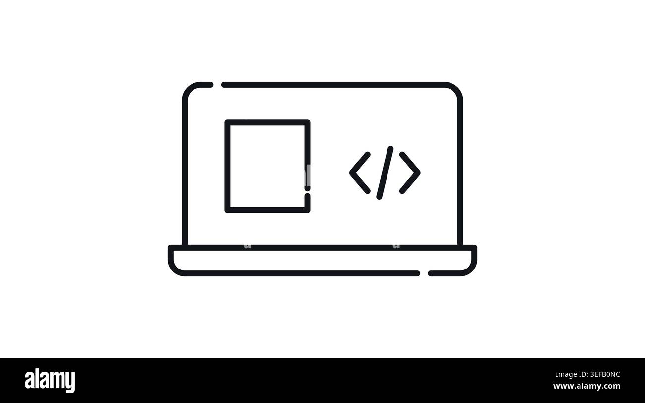 Laptop software development and coding icon: portable computer with HTML code programming brackets on screen, minimalist black line art vector. Stock Vector