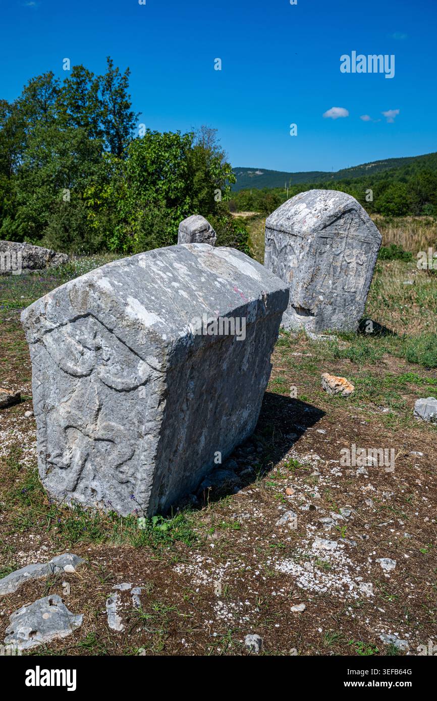 Exploring Stecci Medieval Tombstone Graveyards in Croatia while surrounded by natural landscape Stock Photo