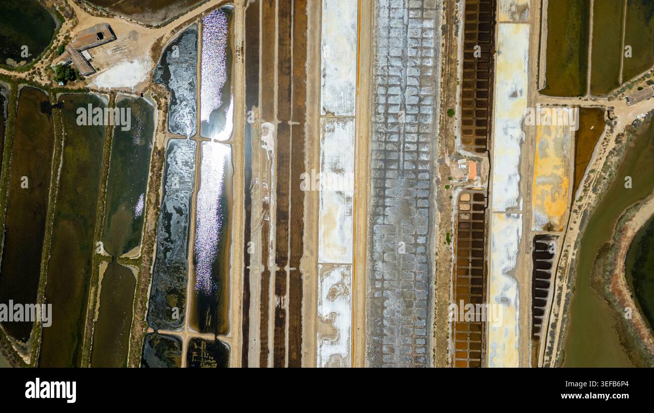 Aerial view of saltpans showing salt extraction process in Algarve region Stock Photo