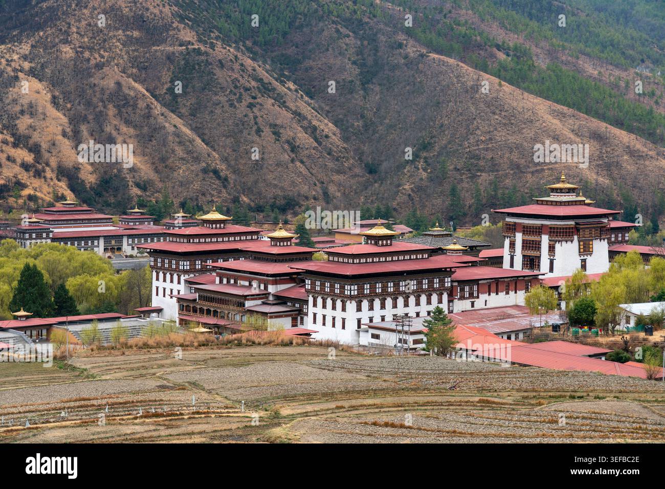 Exploration of traditional architecture and rural landscape in Thimphu Bhutan showcasing historic structures Stock Photo