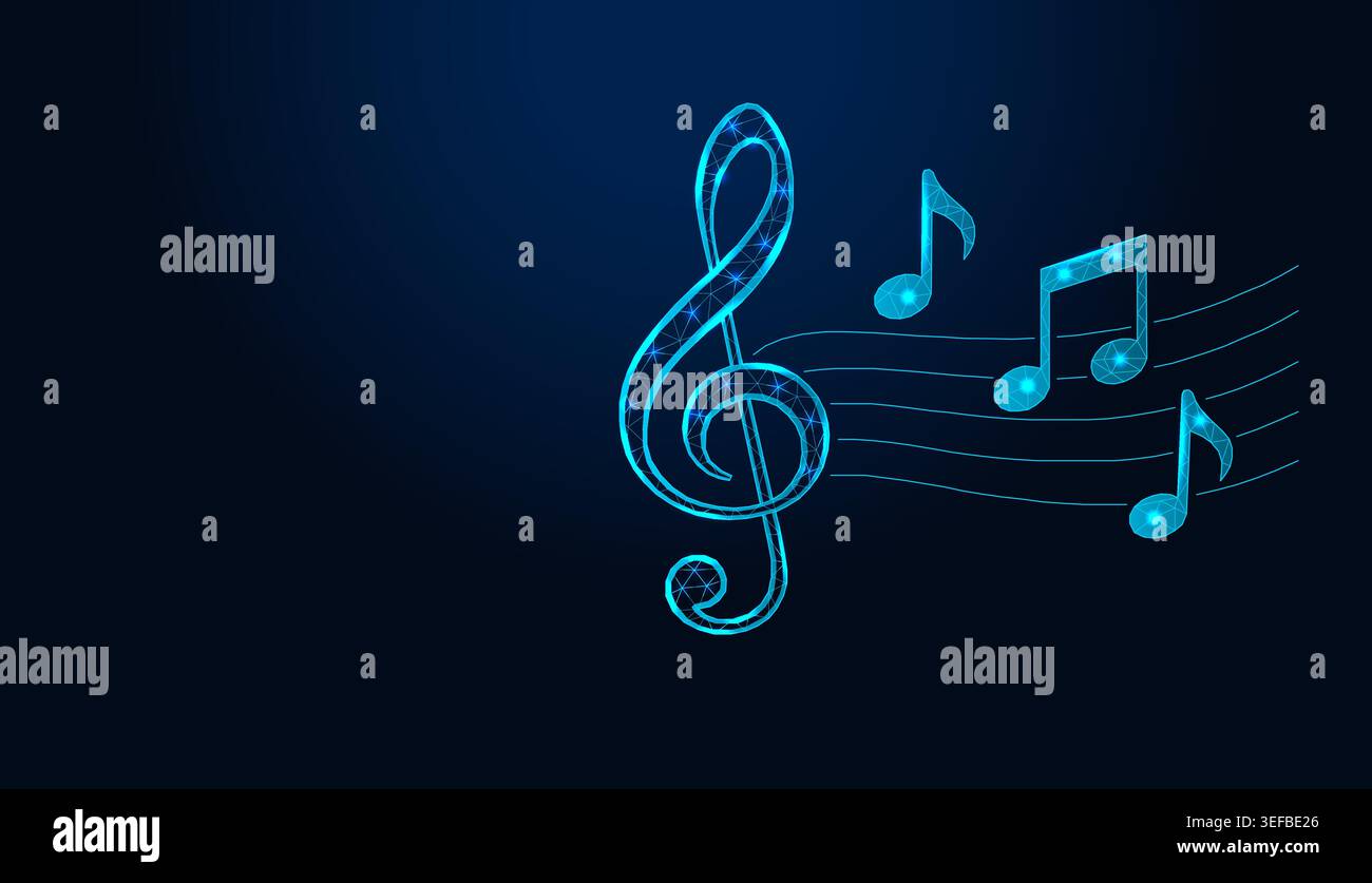Low poly wireframe music notes and treble clef on dark blue background. Stock Vector