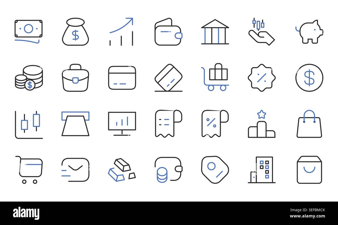 Finance and saving icons set editable stroke line vector illustration. Stock Vector