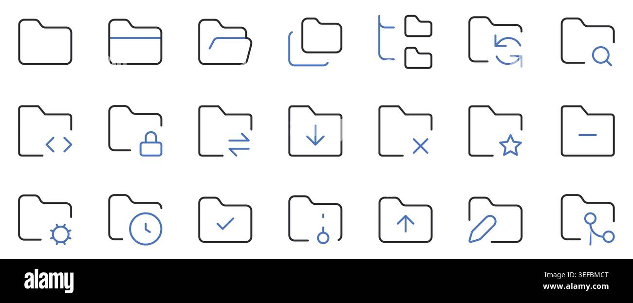 Folder and file management icons set document organization editable stroke line vector illustration. Stock Vector