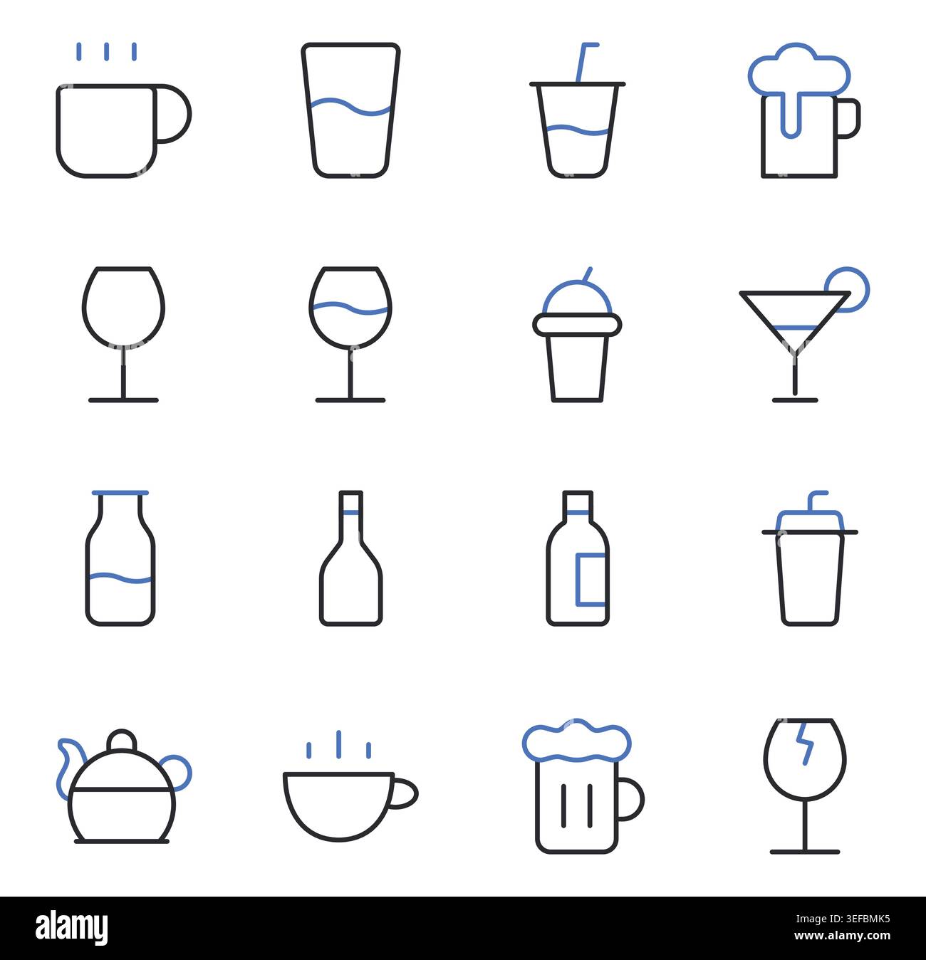 Drinks and Beverages Icons Editable Stroke Line Vector Illustration Set. Stock Vector