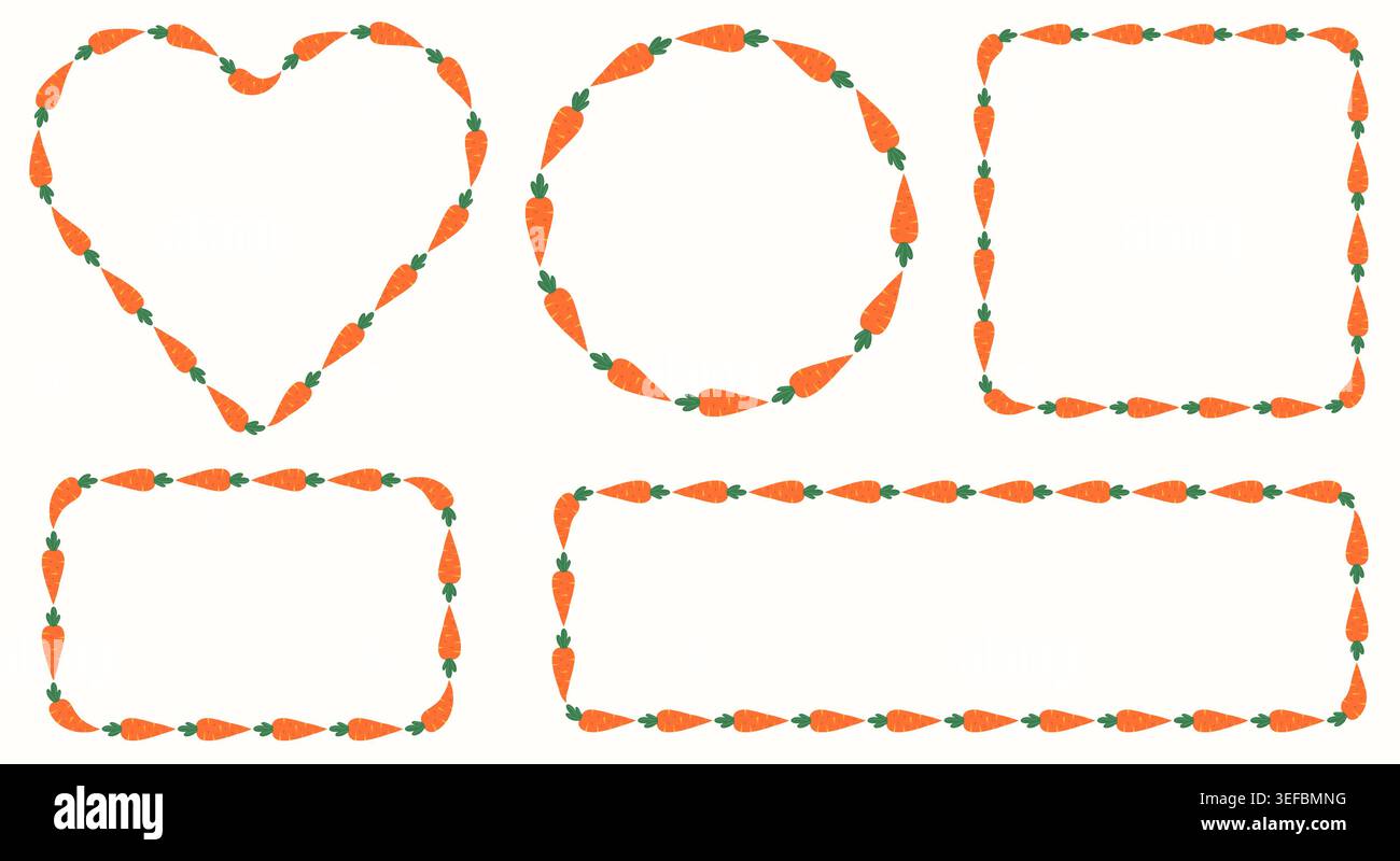 Carrot Vector Frames Set, Cute Spring Garden Vegetable Borders, Heart Circle Rectangle Labels Stock Vector