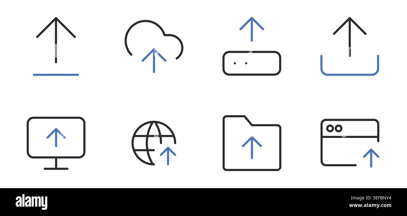 Upload icons set editable stroke line vector illustration. Stock Vector