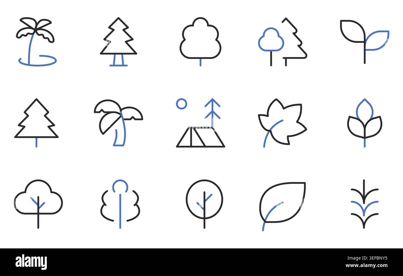 Tree Leaf Plant Icons Editable Stroke Line Vector Illustration Set. Stock Vector