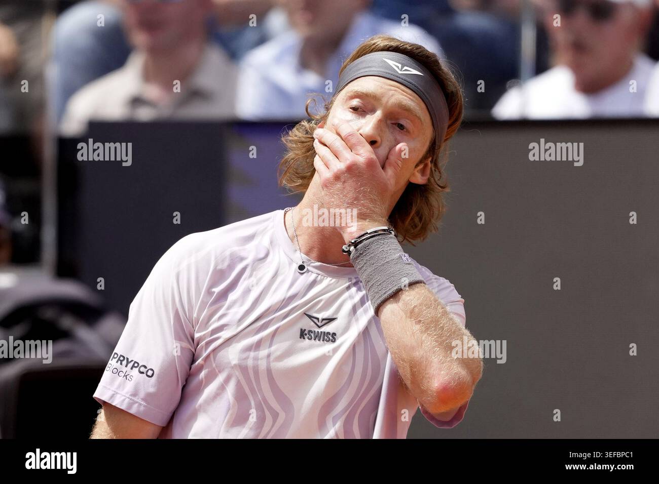 Rome, Italy. 14th May, 2026. Dejection of Andrey Rublev of Russia during the match against Jannik Sinner of Italy at the Internazionali BNL d'Italia 2026 tennis tournament at Foro Italico in Rome (Italy) on May, 14, 2026. Credit: Insidefoto/Alamy Live News Stock Photo