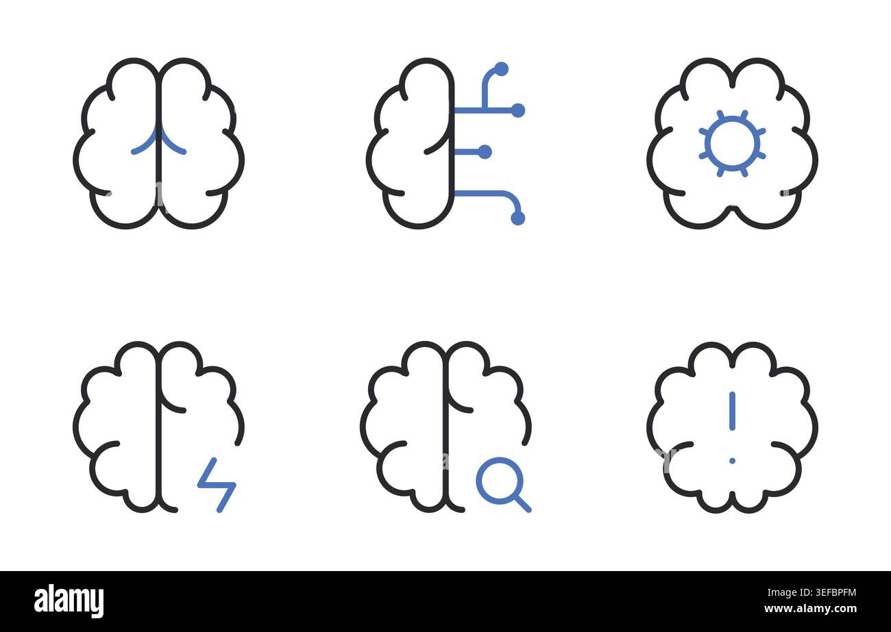 Brain and Artificial Intelligence Icons Set Editable Stroke Line Vector Illustration. Stock Vector