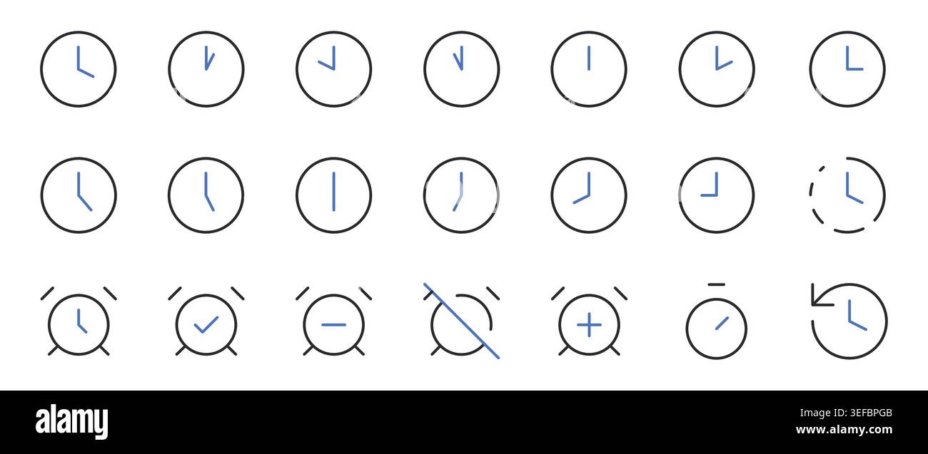 Clock Time Icons Set Outline Editable Stroke Vector Illustration. Stock Vector