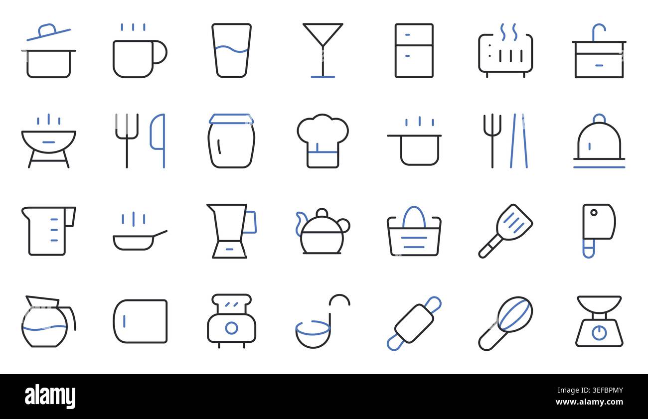 Kitchen and Cooking Icons Set Editable Stroke Line Vector Illustration. Stock Vector