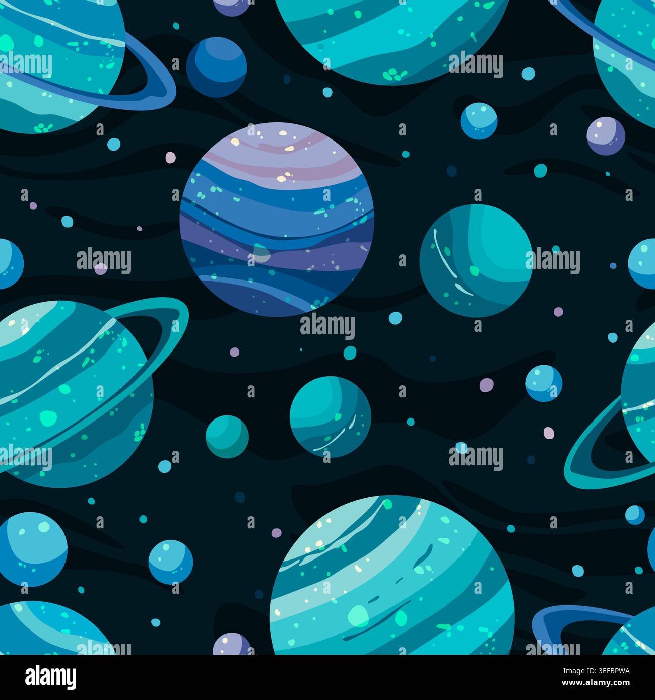 Space seamless pattern background. Planets, stars, asteroids in outer space Stock Vector