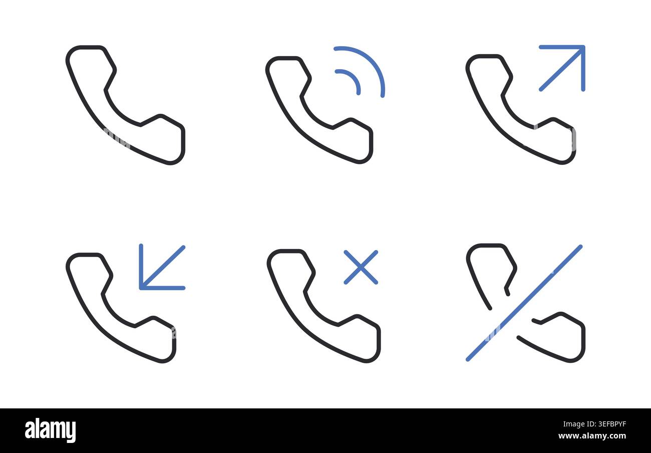 Phone Call Icons Set Incoming Outgoing Missed Editable Stroke Vector. Stock Vector