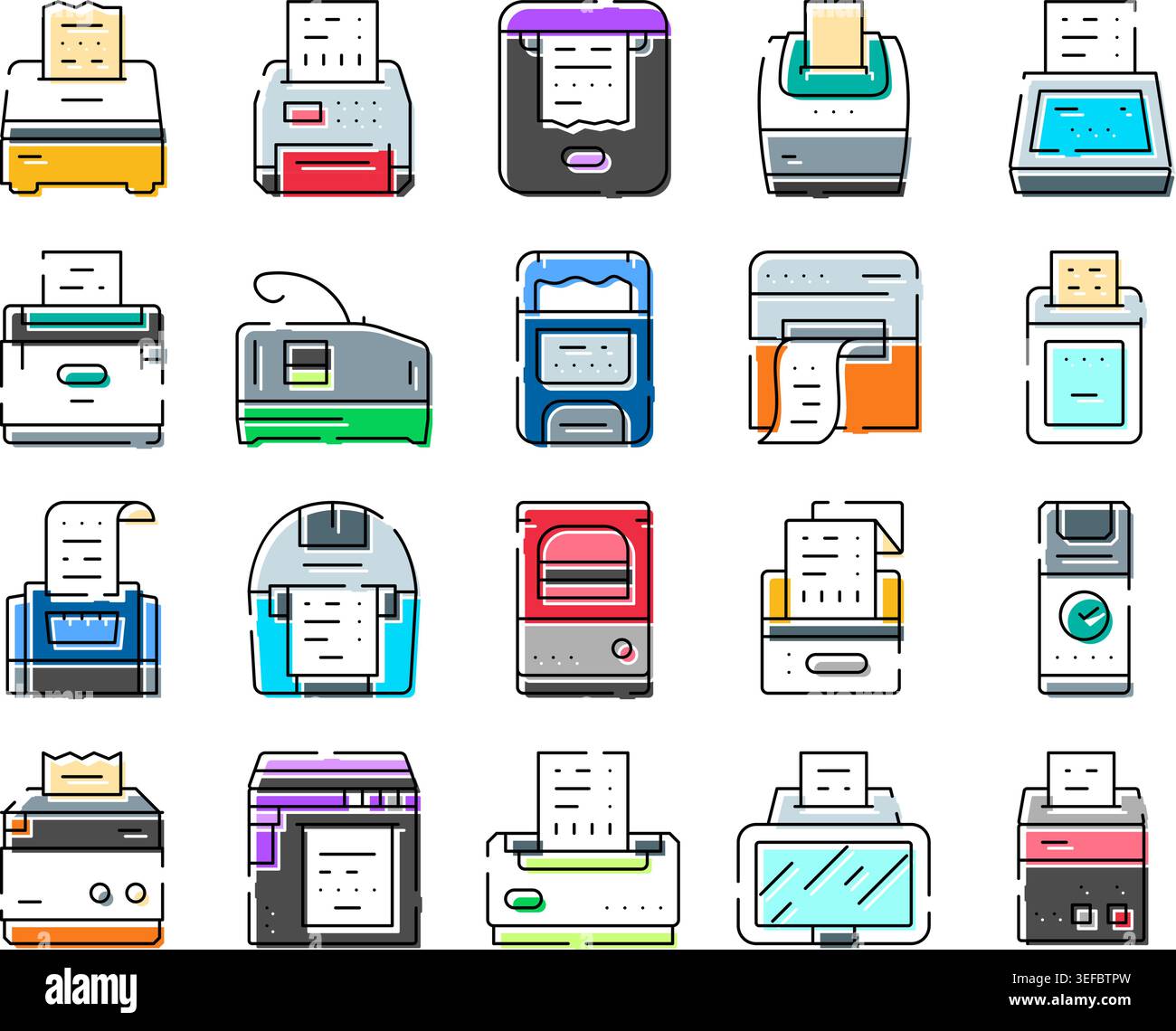 Printer machines printing different types of documents and receipts ...