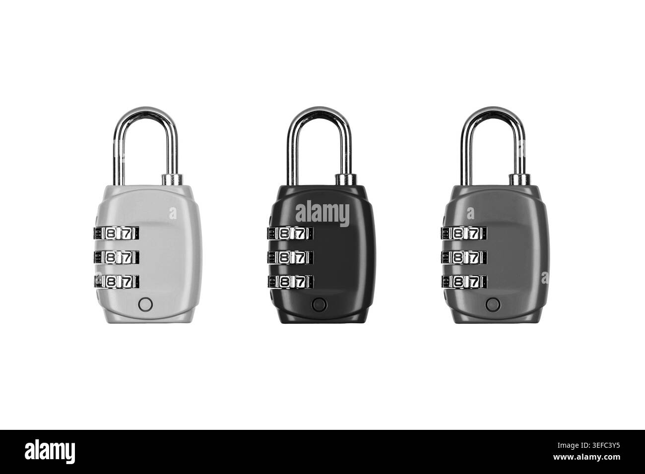 Three monochrome combination padlocks in a row isolated on a white background. Stock Photo