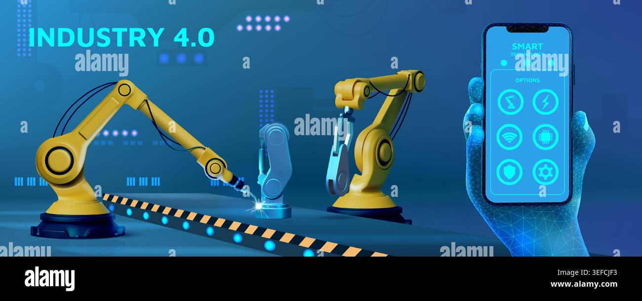 Smartarm Components Robot factory. Smart arm in internet industry production, digital ...