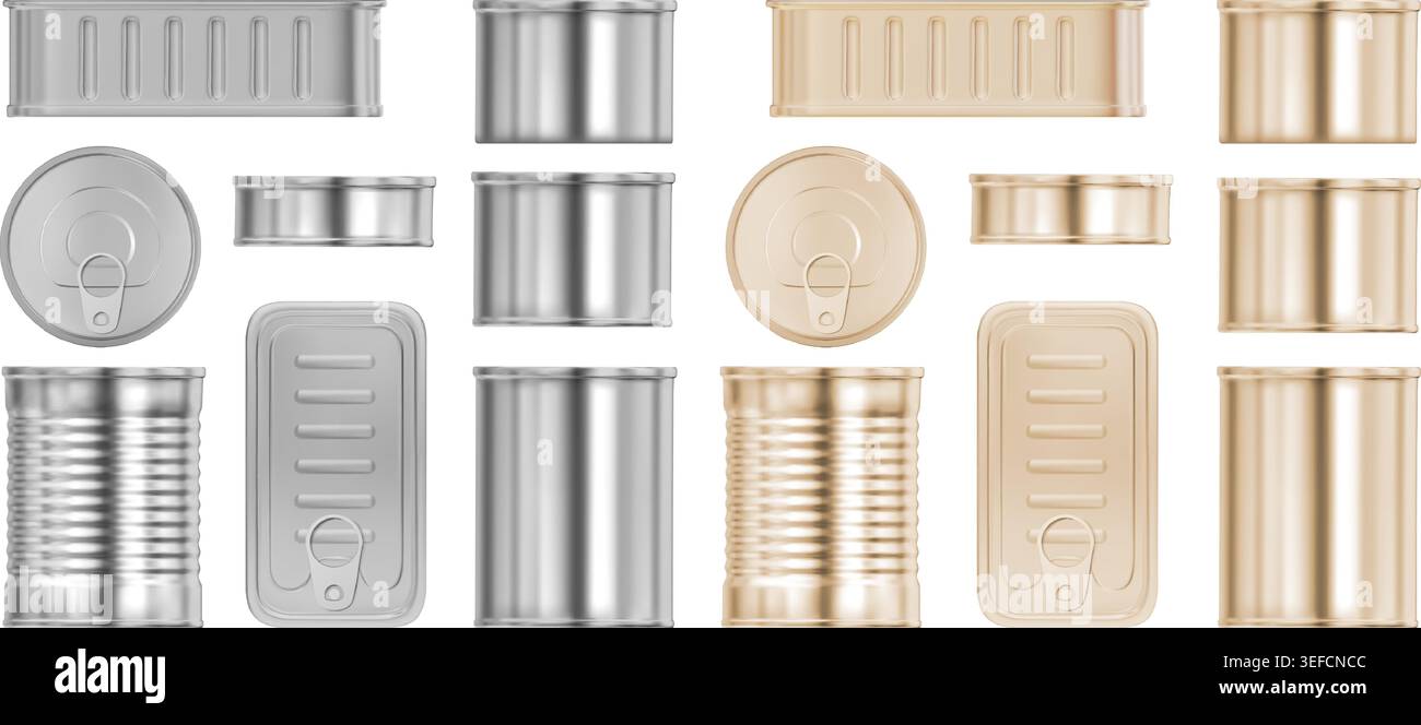 Tin can. Metal food jar mockup, aluminum package mock up or cylinder product lid and ring pulls. Realistic cylindrical canister different forms and angle view. Preserved storage. Vector templates set Stock Vector