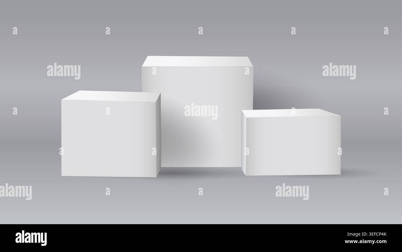 3D cubes stand. White empty platform composition. Geometric shapes for product presentation. Minimal pedestal basic figures with shadow. Blank simple blocks. Boxes for exhibition. Vector illustration Stock Vector
