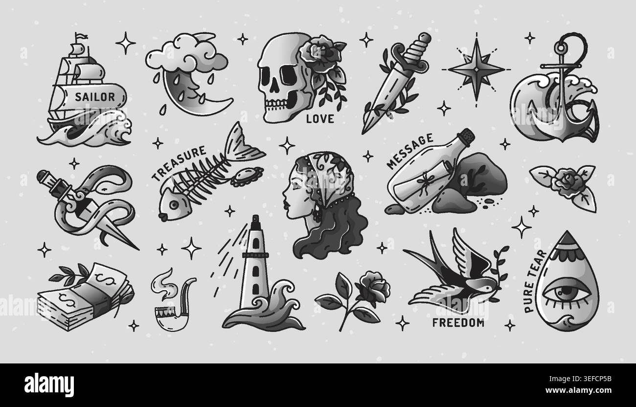Traditional tattoo. Cartoon heart pattern, doodle rock sticker or black vintage flame collection. Trendy rose sketch, maritime symbols ship, anchor and lighthouse. Vector isolated old school elements Stock Vector