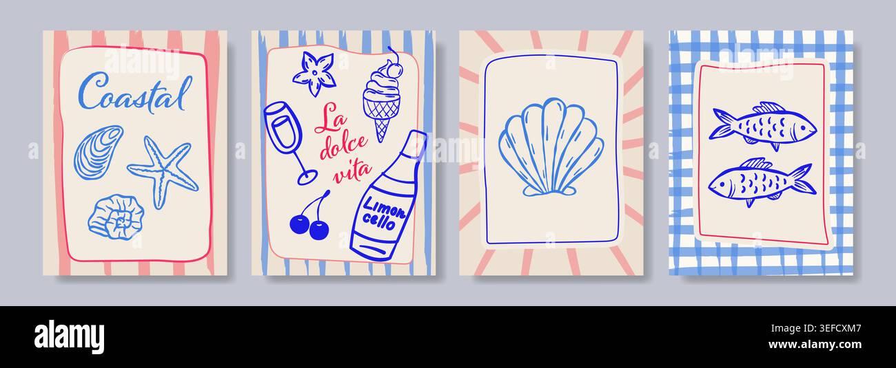 Hand drawn coastal cards featuring shells, fish Stock Vector