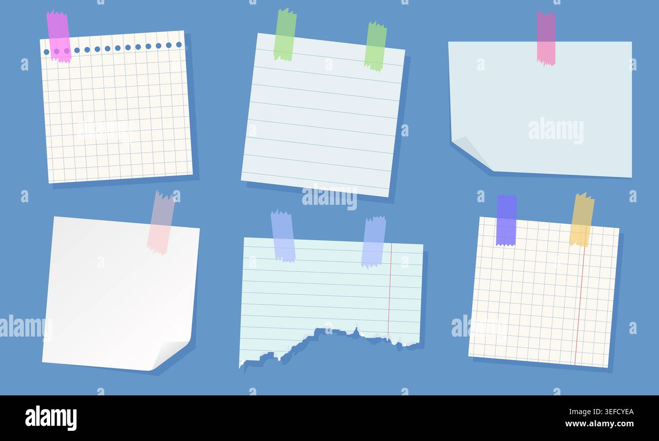 Sticky notes with different patterns, pinned on blue wall Stock Vector