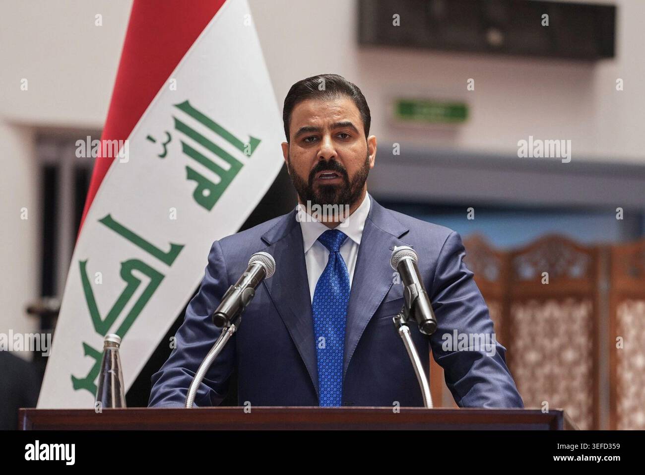 Iraq's Prime Minister-designate Ali al-Zaidi, speaks to Iraqi lawmakers before submitting his government in Baghdad, Iraq, Thursday, May 14, 2026. (Iraqi Presidency Office via AP) Stock Photo