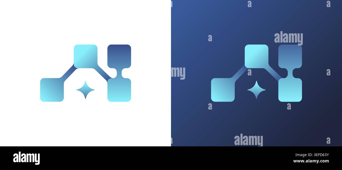 Futuristic AI logo design glowing icon. Abstract artificial intelligence concept modern digital network star symbol. Blue geometric tech logotype innovation style graphic. Stock Vector