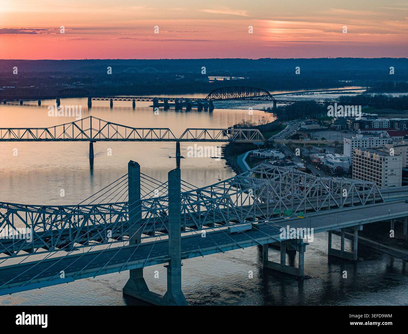 Multiple Birdges Aerial view of multiple bridges spanning the Ohio River under a vibrant ...
