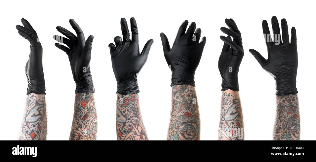 Man showing his tattooed hand on white background, set Stock Photo
