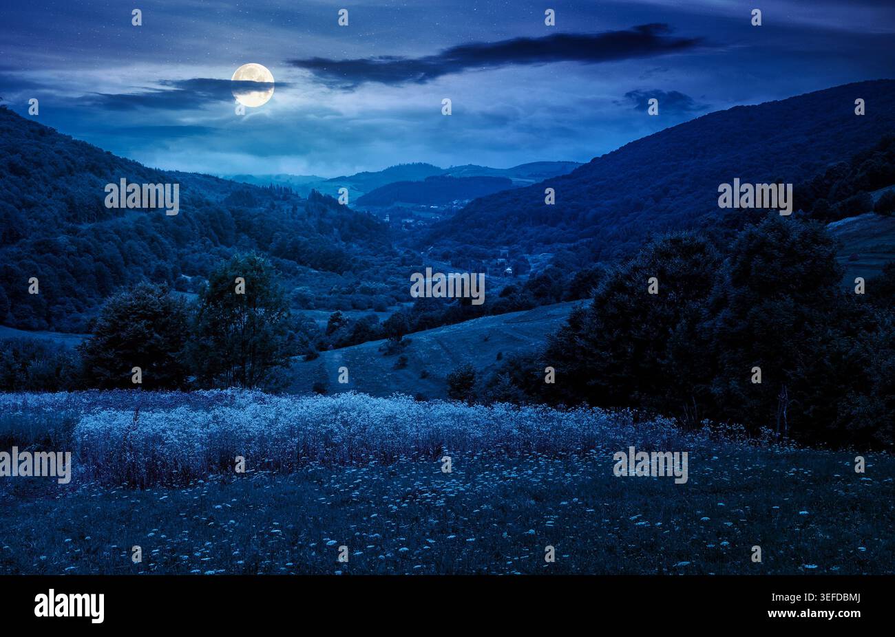 rural field on the hill at night. view in to the valley. countryside mountain landscape. full moon over alpine pasture near forested hills. inner stre Stock Photo