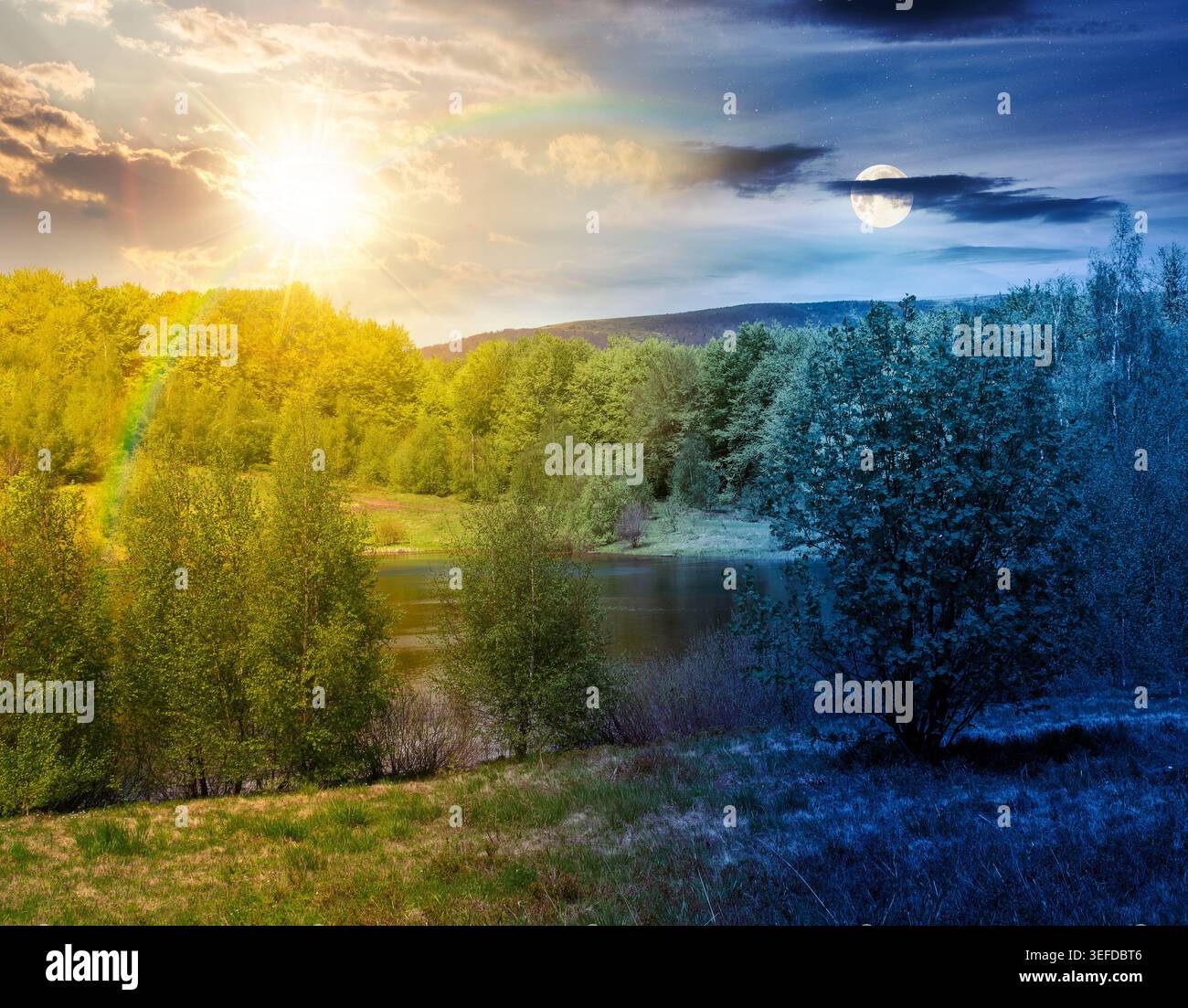 day meet night landscape by the lake. sun and moon over deciduous forest near the glacial lake at twilight. view of primeval forest of carpathian moun Stock Photo